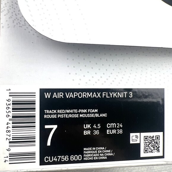 Nike Air Vapormax Flyknit 3 Track Red White Pink Women's Size 7 Shoes NEW - Picture 13 of 13